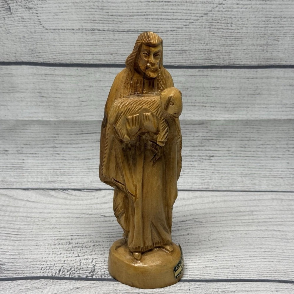Vintage Hand Carved Bethlehem Olive Wood Shepherd Lamb Statue 7"